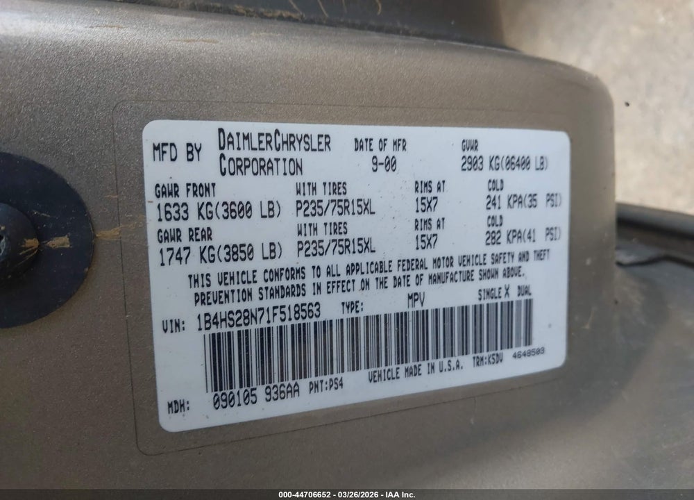 2001 DODGE DURANGO VIN: 1B4HS28N71F518563
