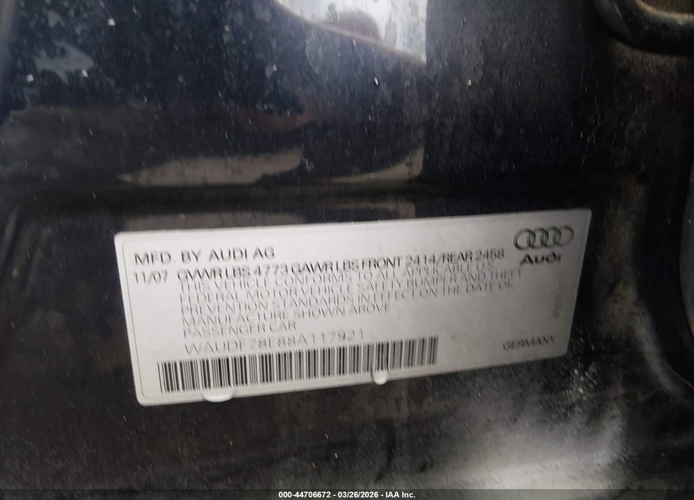 2008 AUDI A4 2.0T VIN: WAUDF78E88A117921