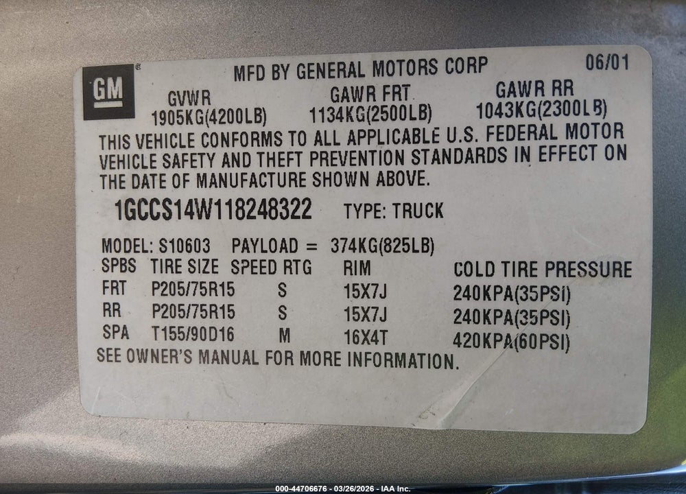 2001 CHEVROLET S-10 LS VIN: 1GCCS14W118248322