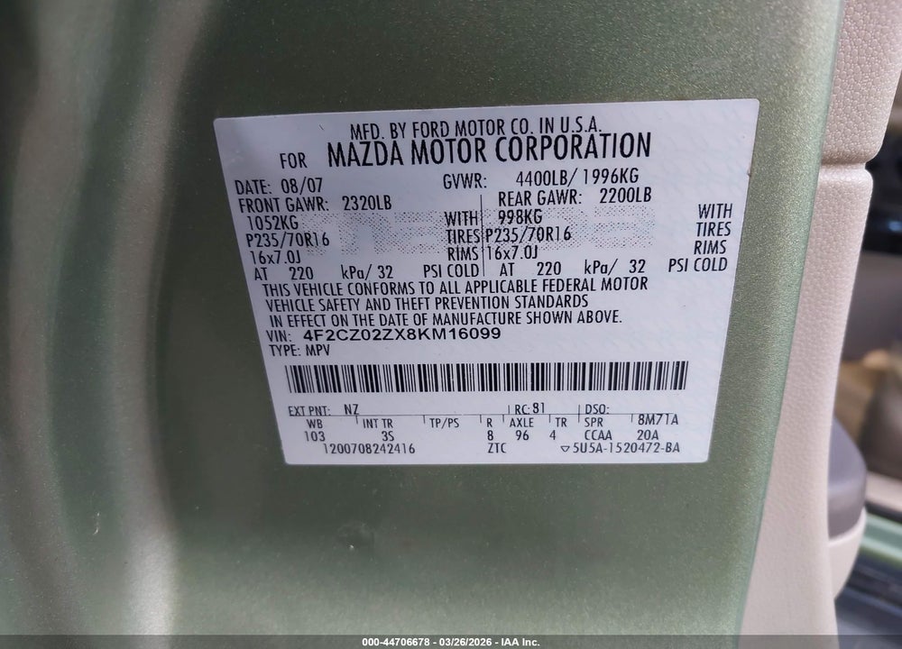 2008 MAZDA TRIBUTE I TOURING VIN: 4F2CZ02ZX8KM16099