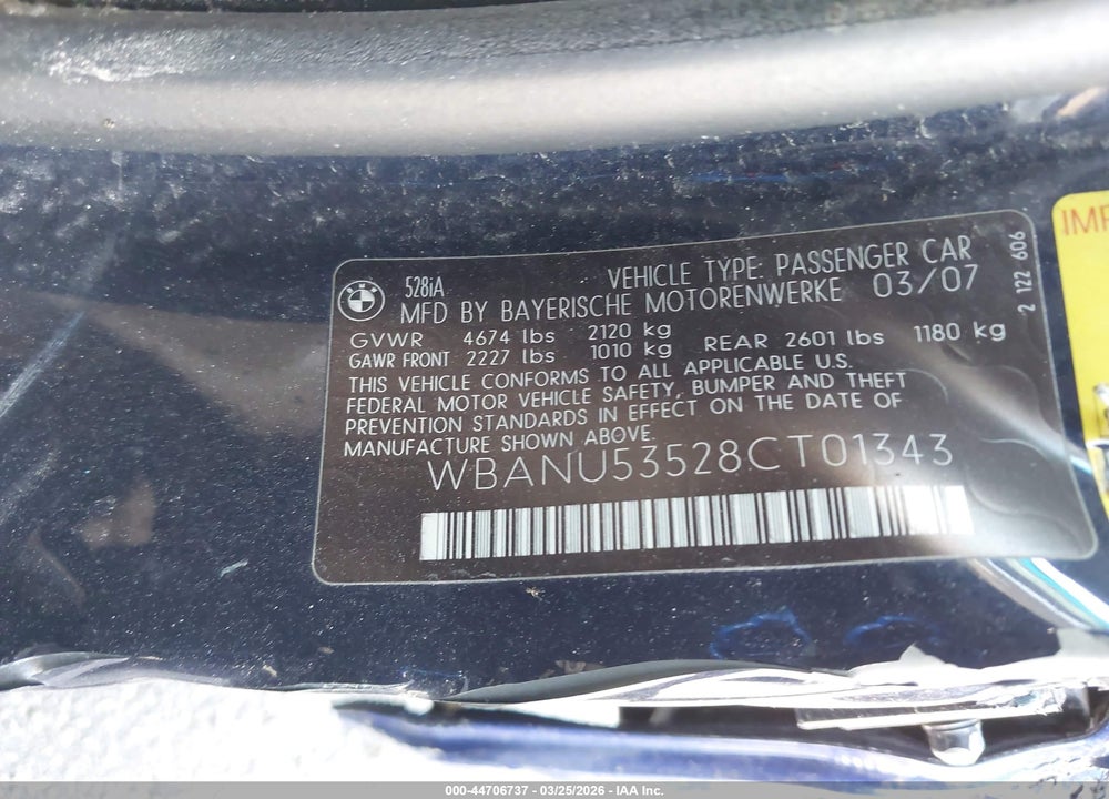 2008 BMW 528I VIN: WBANU53528CT01343