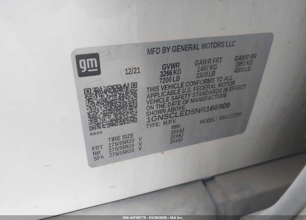 2022 CHEVROLET TAHOE 2WD COMMERCIAL FLEET VIN: 1GNSCLED5NR166909