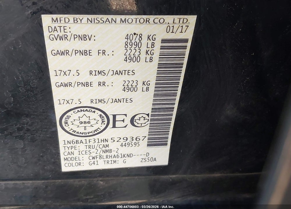 2017 NISSAN TITAN XD PLATINUM RESERVE DIESEL/PRO-4X DIESEL/S/SL DIESEL/SV DIESEL VIN: 1N6BA1F31HN529367