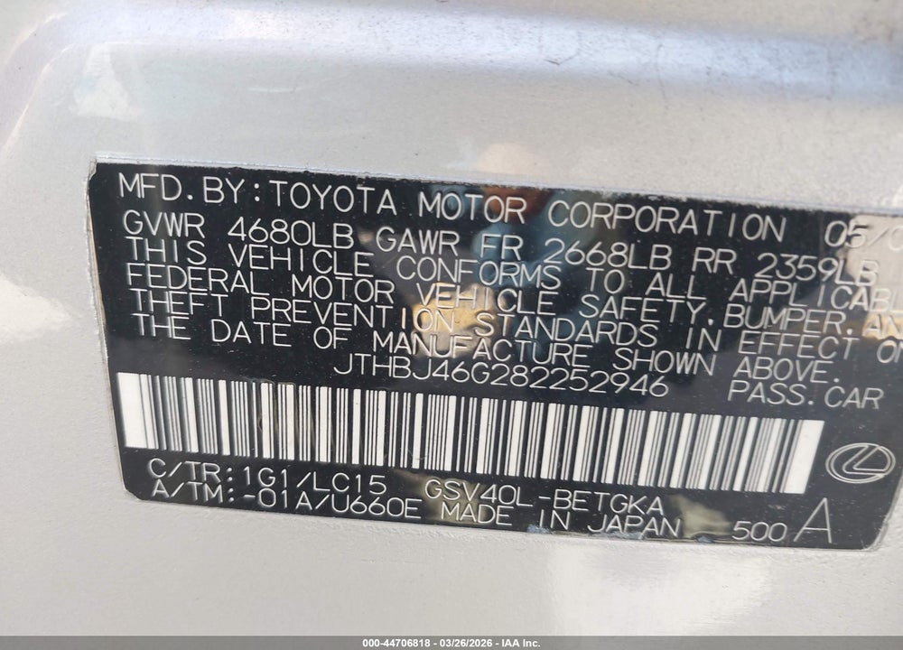2008 LEXUS ES 350 VIN: JTHBJ46G282252946