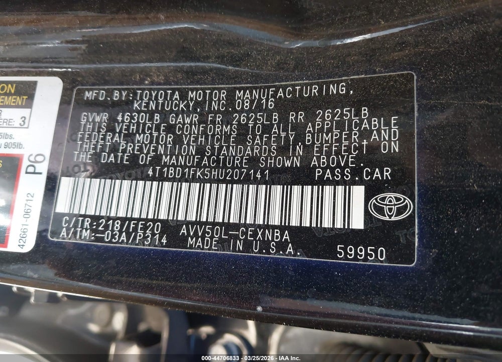 2017 TOYOTA CAMRY HYBRID LE VIN: 4T1BD1FK5HU207141