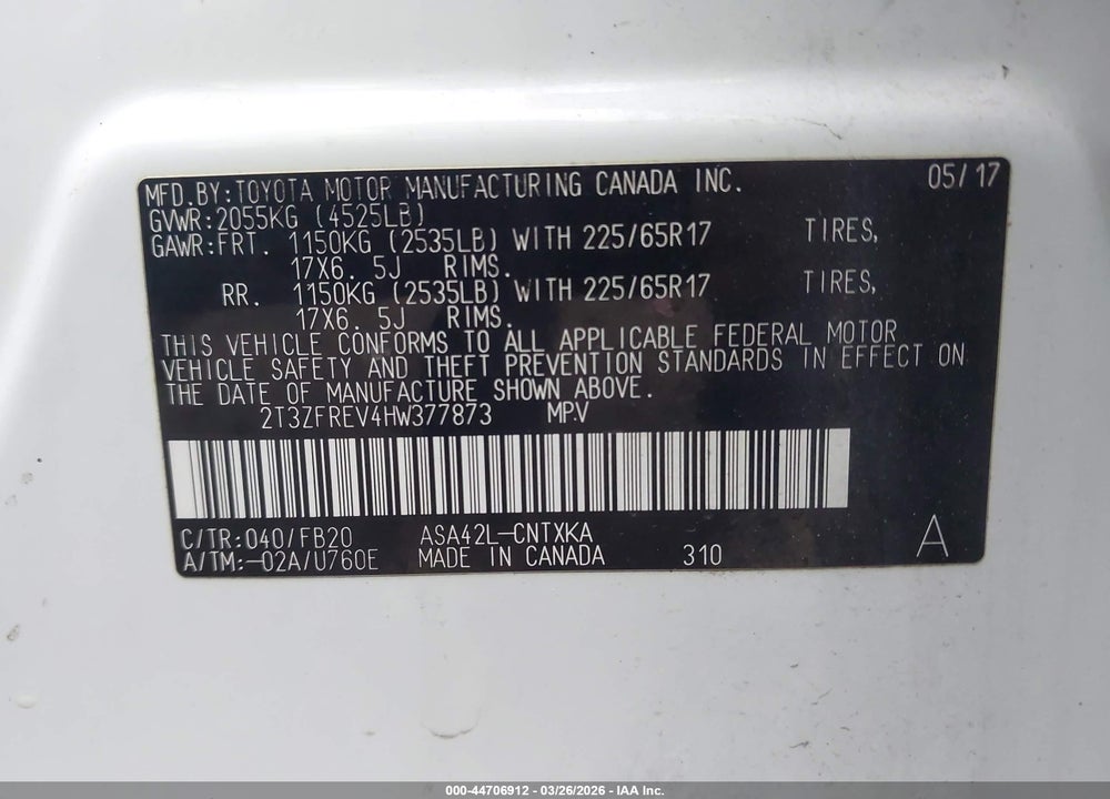 2017 TOYOTA RAV4 LE VIN: 2T3ZFREV4HW377873