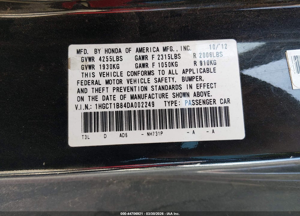 2013 HONDA ACCORD EX-L VIN: 1HGCT1B84DA002249