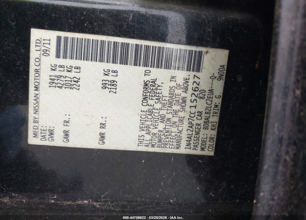 2012 NISSAN ALTIMA 2.5 S VIN: 1N4AL2AP7CC152627