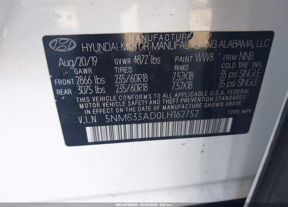 2020 HYUNDAI SANTA FE SEL VIN: 5NMS33AD0LH162752