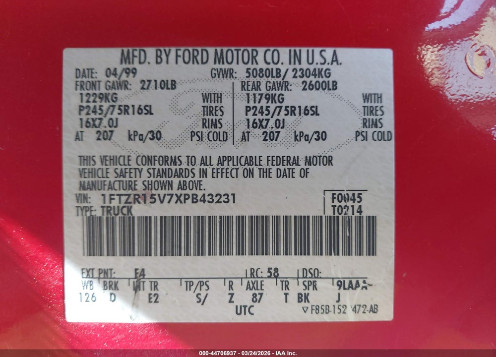 1999 FORD RANGER XL/XLT VIN: 1FTZR15V7XPB43231