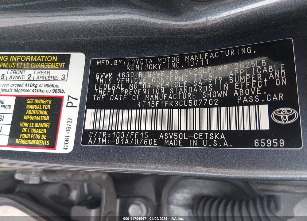 2012 TOYOTA CAMRY SE VIN: 4T1BF1FK3CU507702
