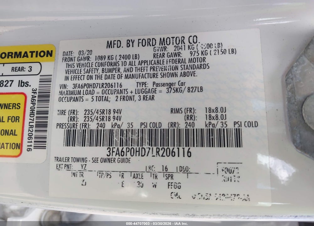2020 FORD FUSION SE VIN: 3FA6P0HD7LR206116