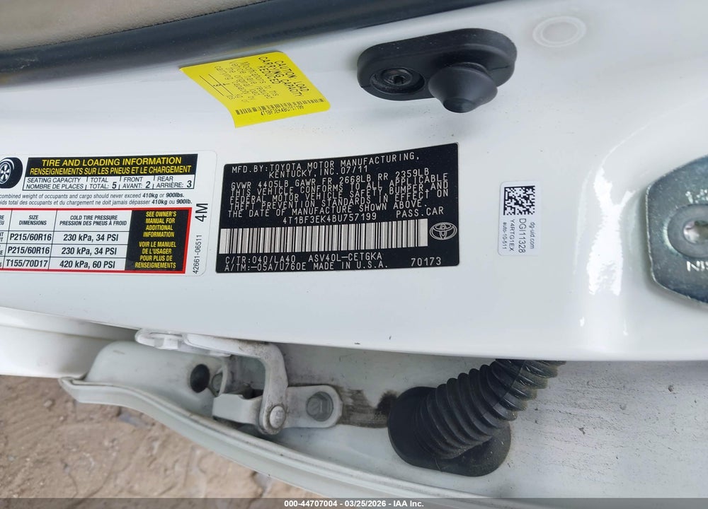 2011 TOYOTA CAMRY XLE VIN: 4T1BF3EK4BU757199