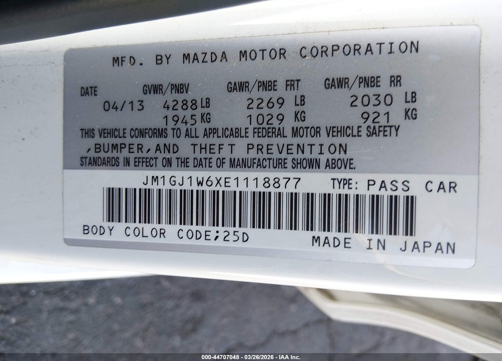 2014 MAZDA 6 I GRAND TOURING VIN: JM1GJ1W6XE1118877