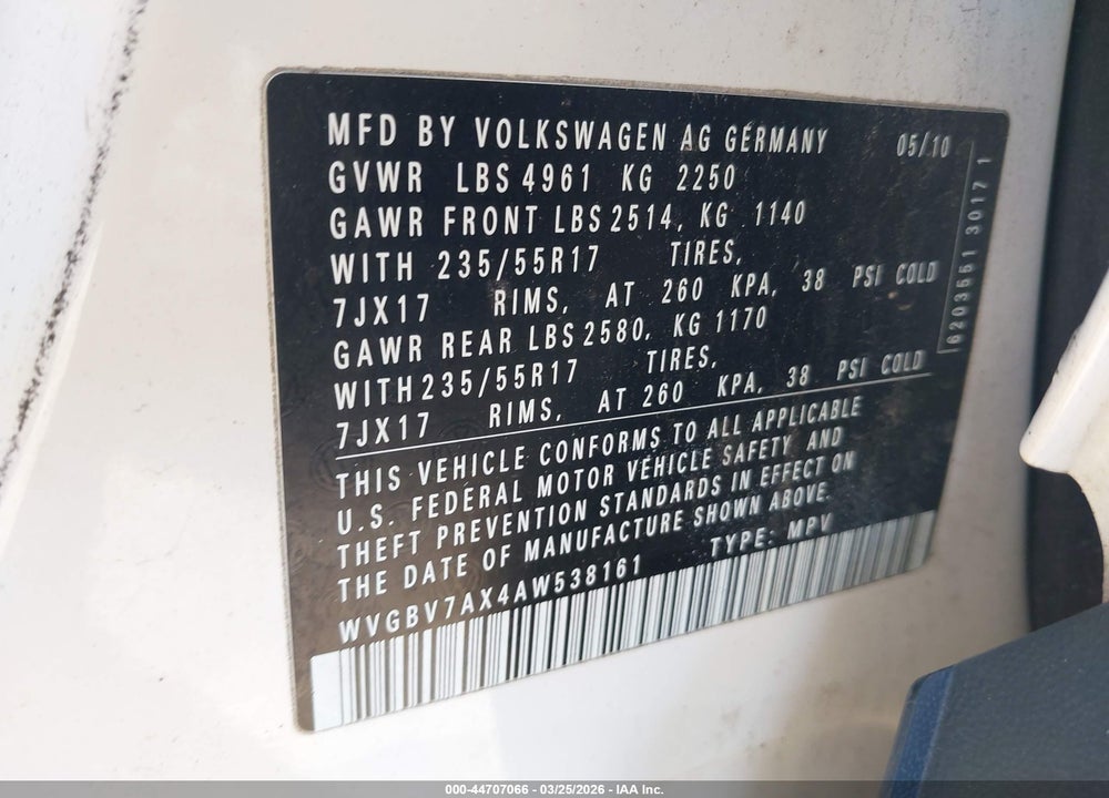 2010 VOLKSWAGEN TIGUAN WOLFSBURG EDITION VIN: WVGBV7AX4AW538161
