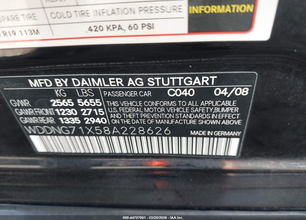 2008 MERCEDES-BENZ S 550 VIN: WDDNG71X58A228626