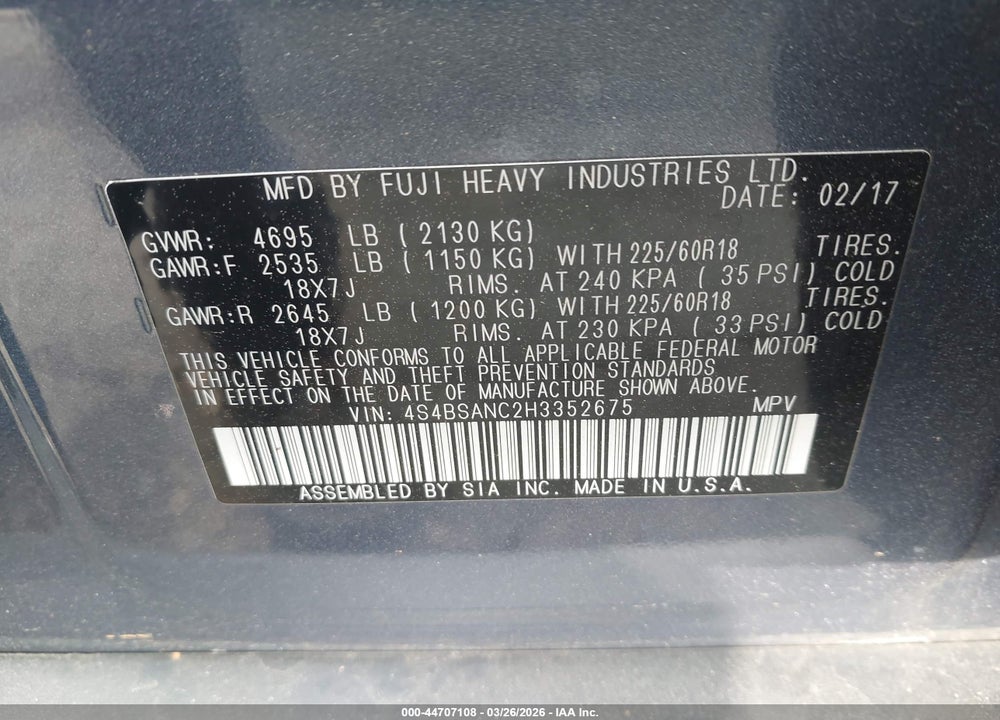 2017 SUBARU OUTBACK 2.5I LIMITED VIN: 4S4BSANC2H3352675