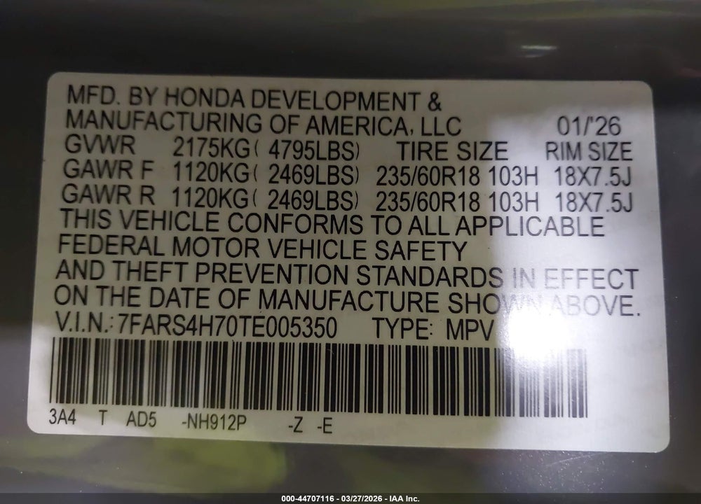2026 HONDA CR-V EX-L AWD VIN: 7FARS4H70TE005350