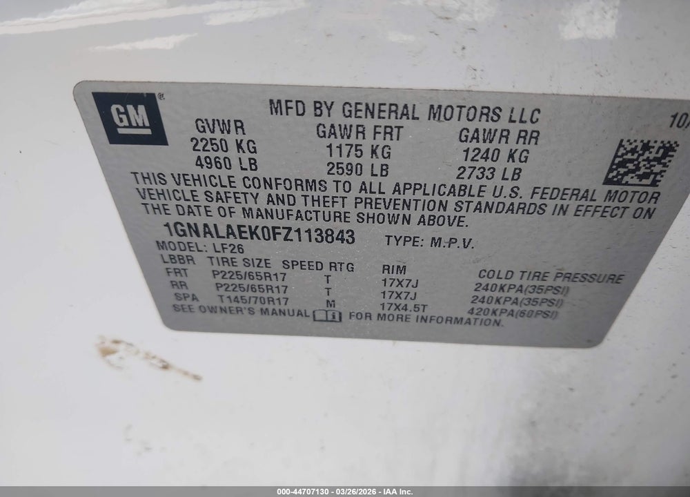 2015 CHEVROLET EQUINOX LS VIN: 1GNALAEK0FZ113843