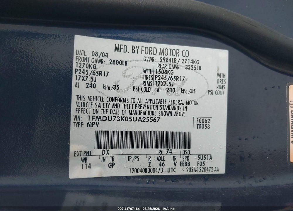 2005 FORD EXPLORER XLT/XLT SPORT VIN: 1FMDU73K05UA25567