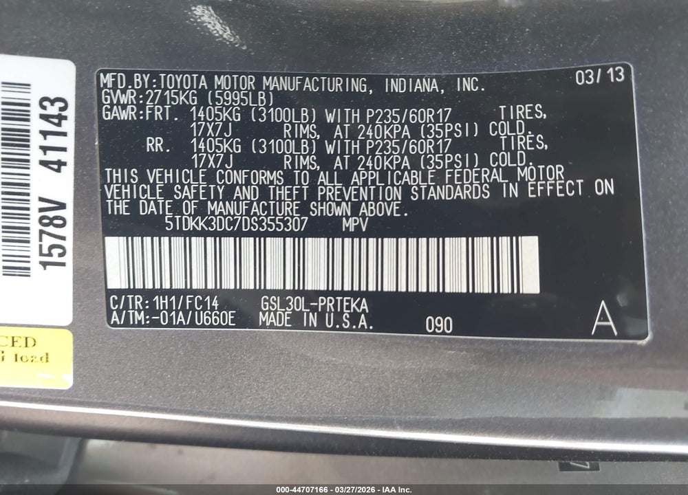 2013 TOYOTA SIENNA LE V6 8 PASSENGER VIN: 5TDKK3DC7DS355307
