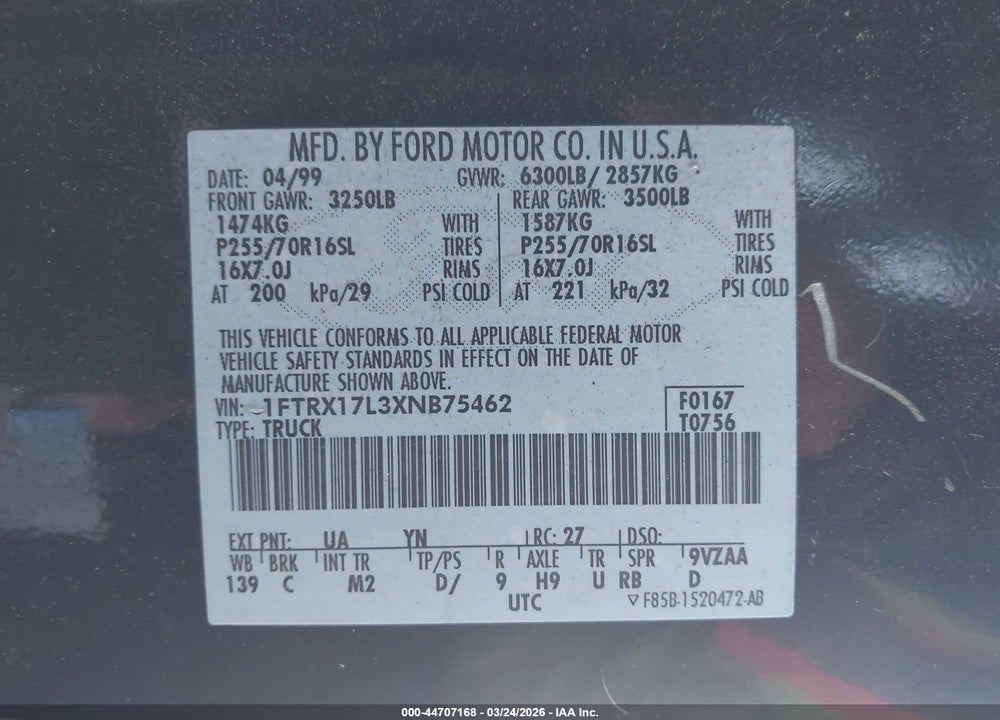 1999 FORD F-150 LARIAT/XL/XLT VIN: 1FTRX17L3XNB75462