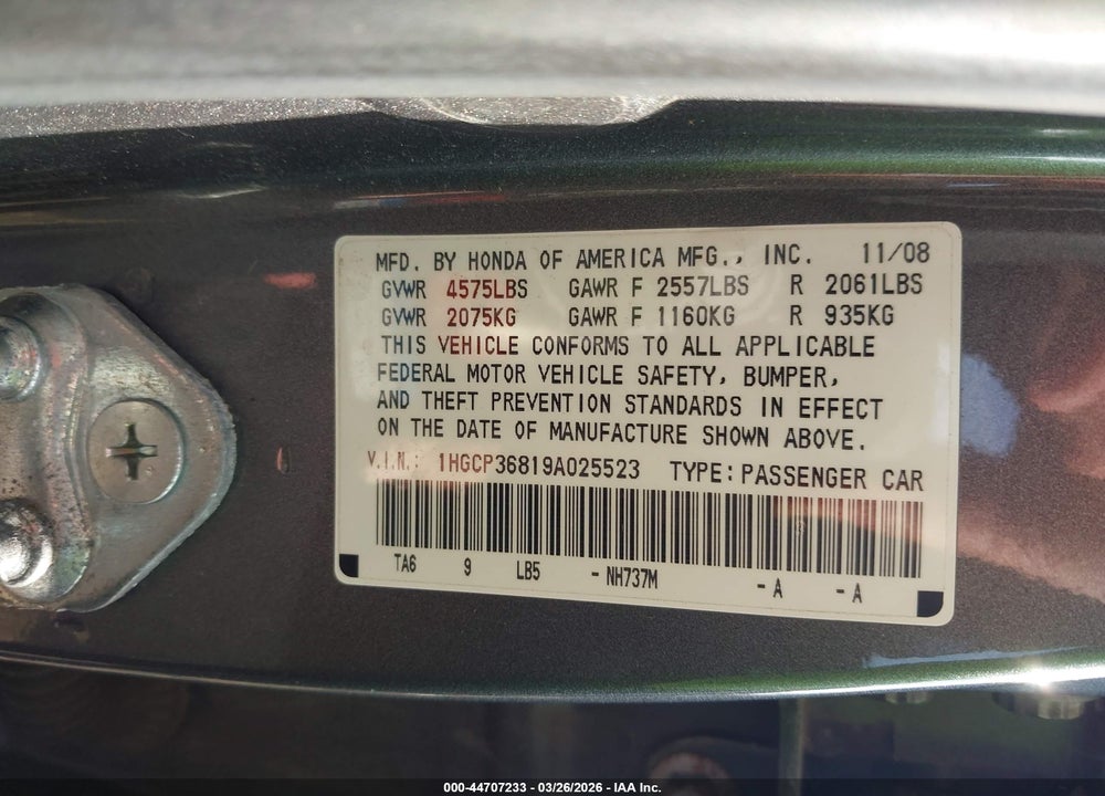 2009 HONDA ACCORD 3.5 EX-L VIN: 1HGCP36819A025523