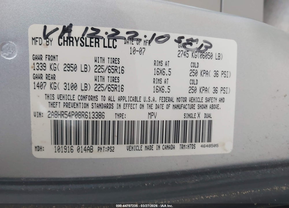 2008 CHRYSLER TOWN & COUNTRY TOURING VIN: 2A8HR54P08R613386