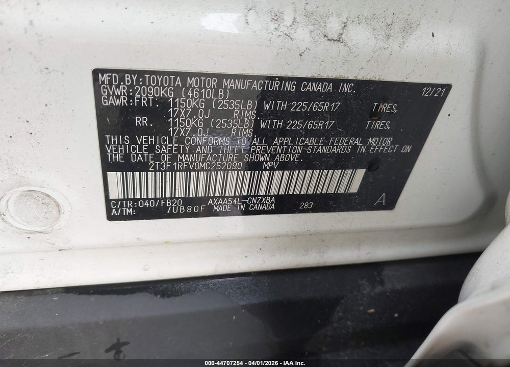 2021 TOYOTA RAV4 LE VIN: 2T3F1RFV0MC252090