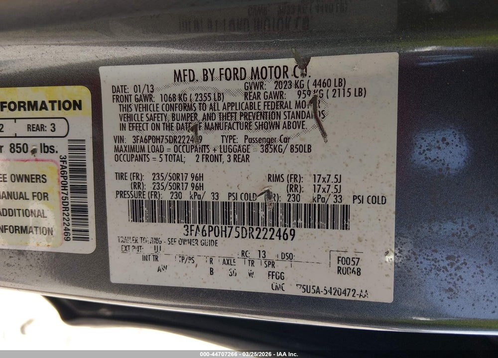2013 FORD FUSION SE VIN: 3FA6P0H75DR222469