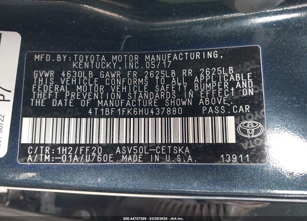 2017 TOYOTA CAMRY SE VIN: 4T1BF1FK6HU437880