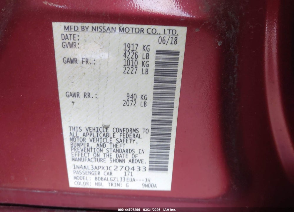 2018 NISSAN ALTIMA 2.5 S VIN: 1N4AL3APXJC270433