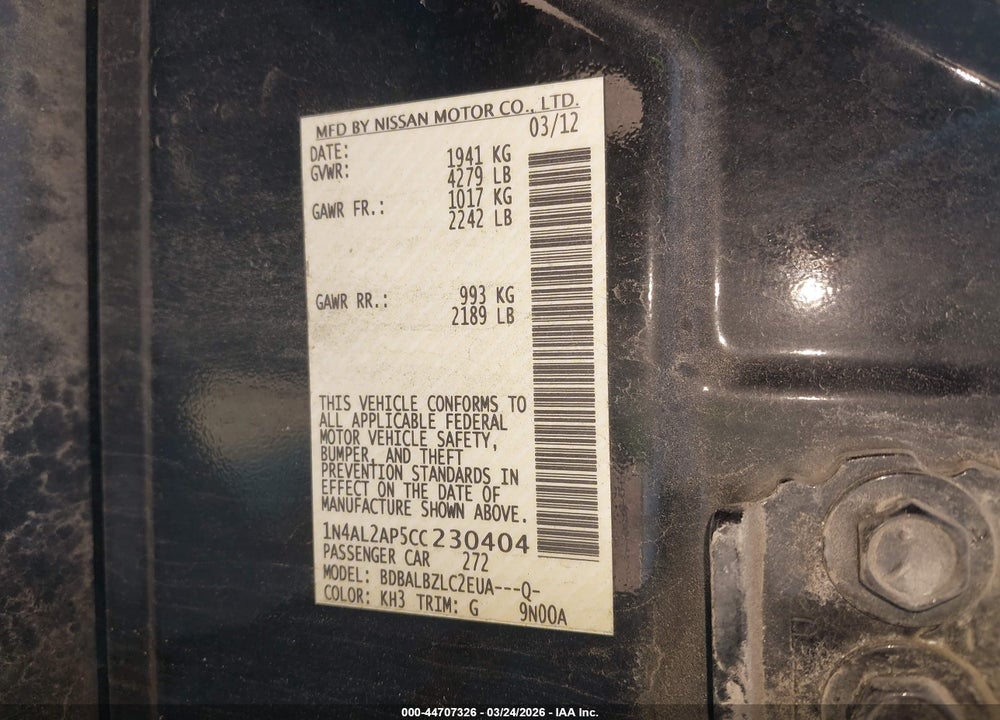 2012 NISSAN ALTIMA 2.5 S VIN: 1N4AL2AP5CC230404