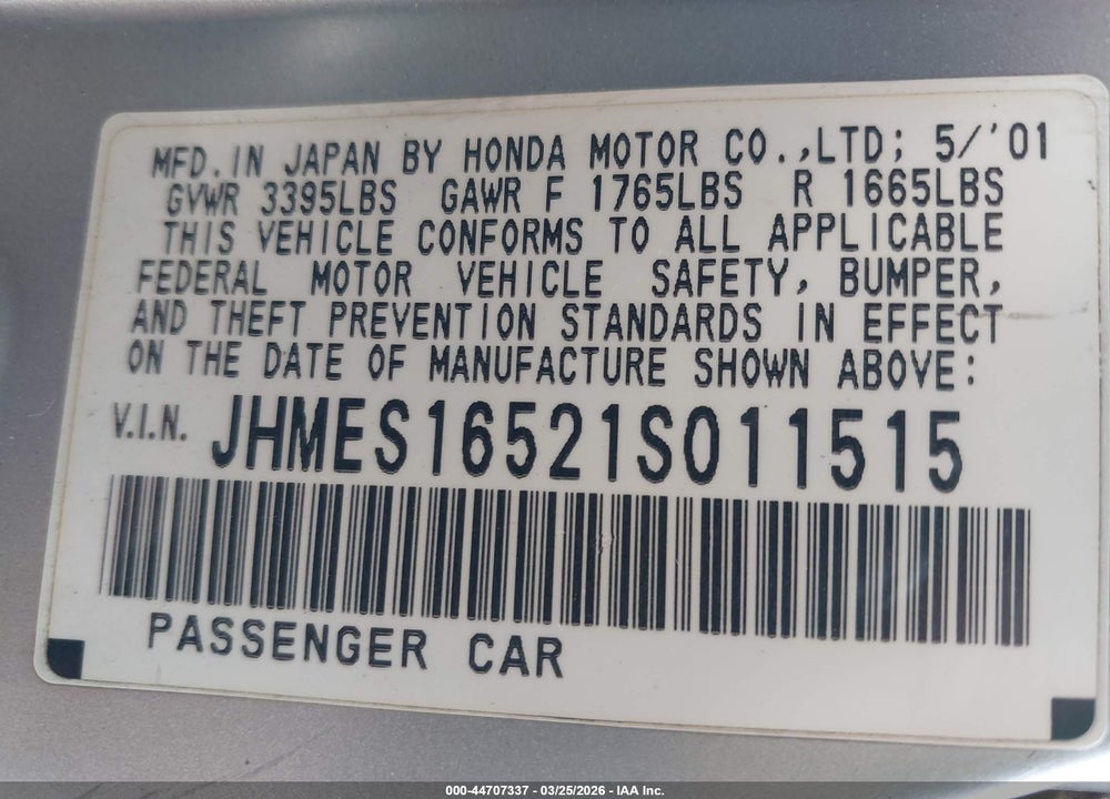 2001 HONDA CIVIC LX VIN: JHMES16521S011515