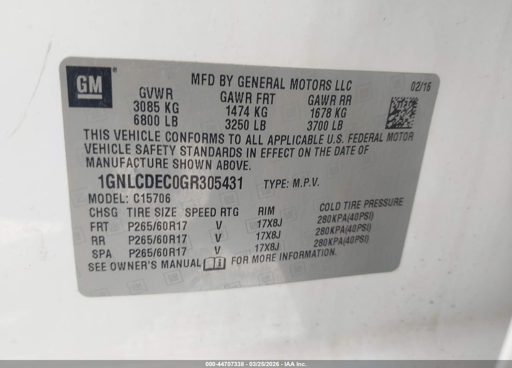 2016 CHEVROLET TAHOE COMMERCIAL FLEET VIN: 1GNLCDEC0GR305431