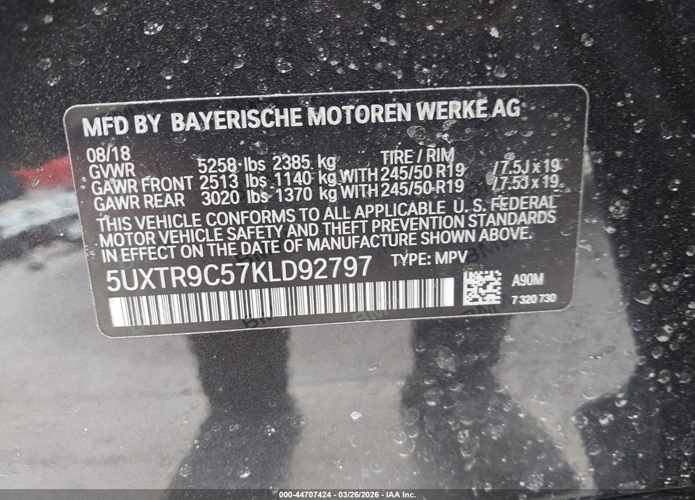 2019 BMW X3 XDRIVE30I VIN: 5UXTR9C57KLD92797