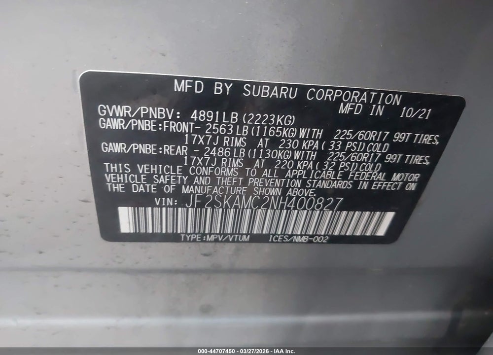 2022 SUBARU FORESTER WILDERNESS VIN: JF2SKAMC2NH400827