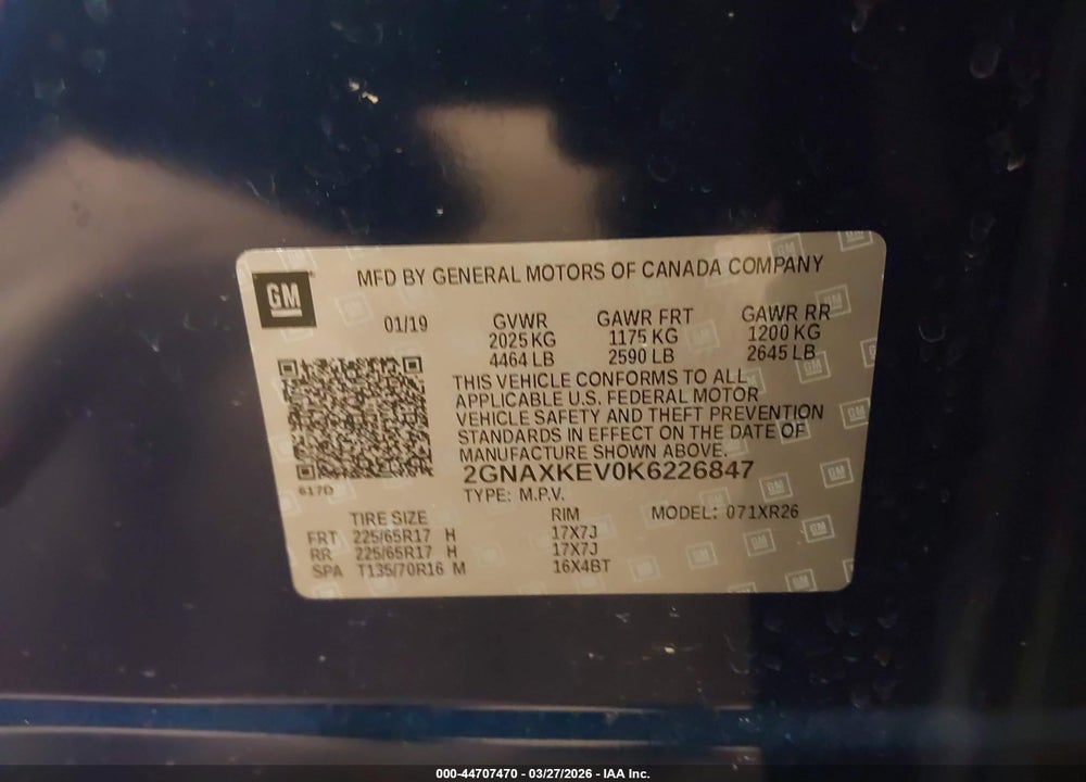 2019 CHEVROLET EQUINOX LT VIN: 2GNAXKEV0K6226847