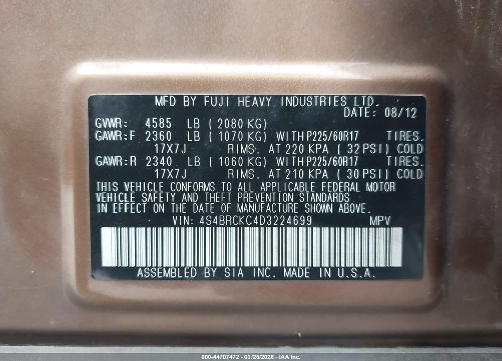 2013 SUBARU OUTBACK 2.5I LIMITED VIN: 4S4BRCKC4D3224699