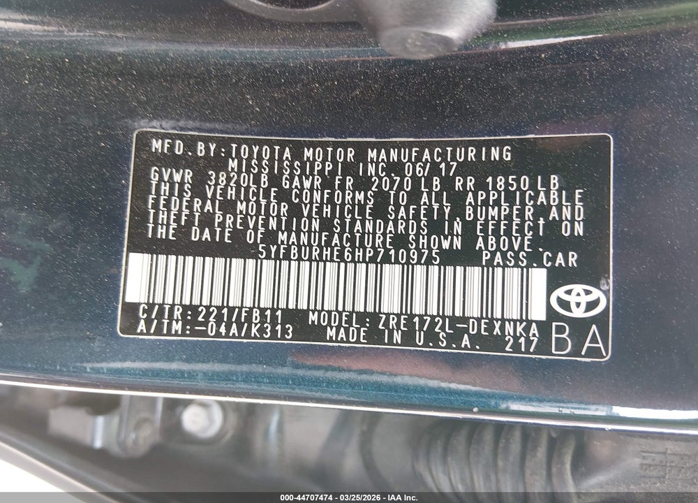 2017 TOYOTA COROLLA LE VIN: 5YFBURHE6HP710975