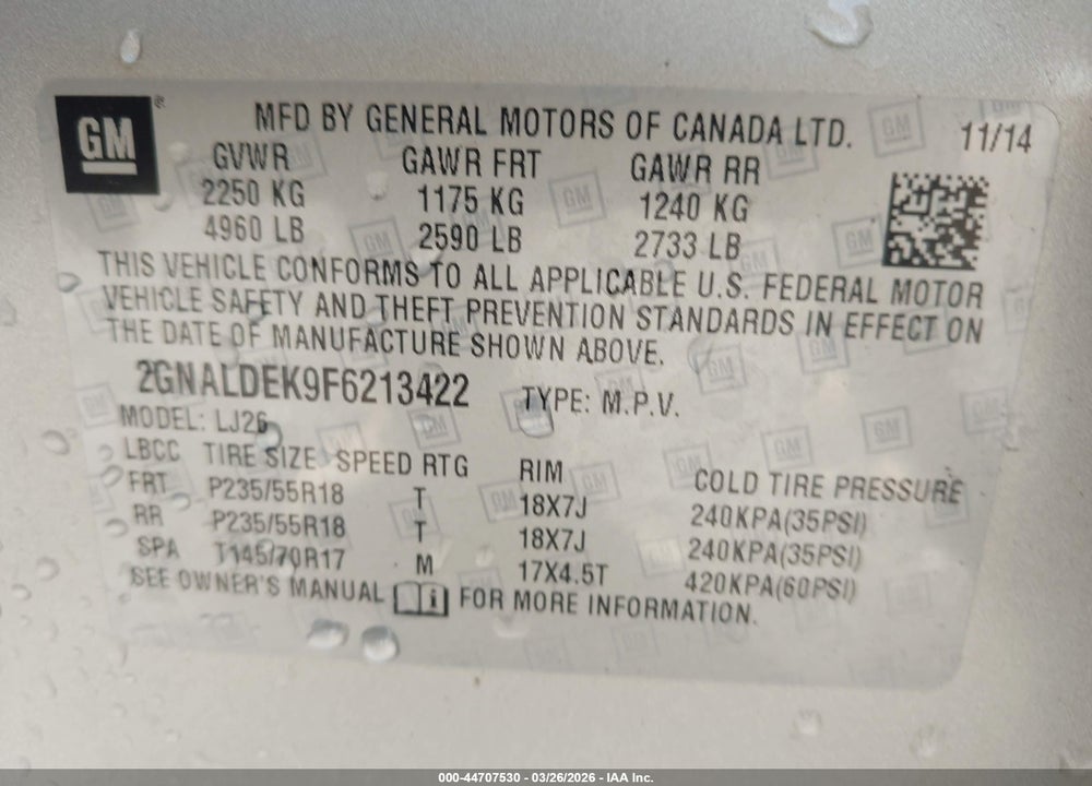 2015 CHEVROLET EQUINOX LTZ VIN: 2GNALDEK9F6213422