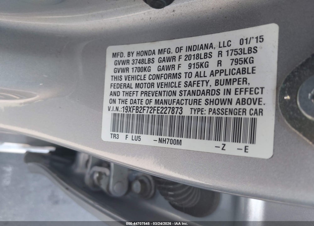 2015 HONDA CIVIC SE VIN: 19XFB2F72FE227873
