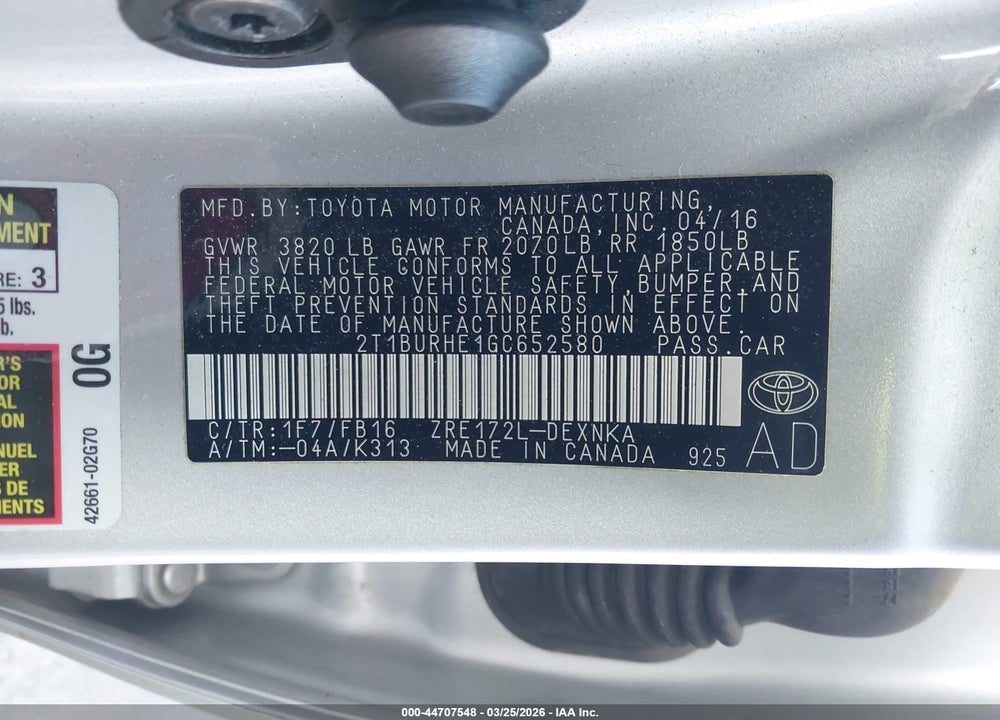 2016 TOYOTA COROLLA LE VIN: 2T1BURHE1GC652580
