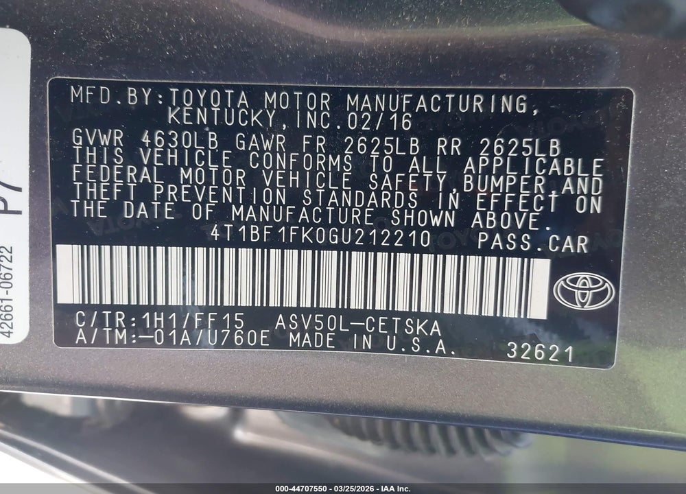 2016 TOYOTA CAMRY SE VIN: 4T1BF1FK0GU212210