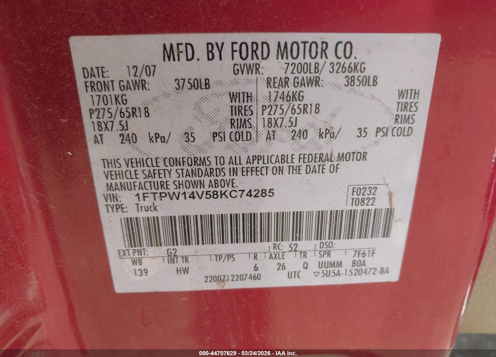 2008 FORD F-150 LARIAT VIN: 1FTPW14V58KC74285