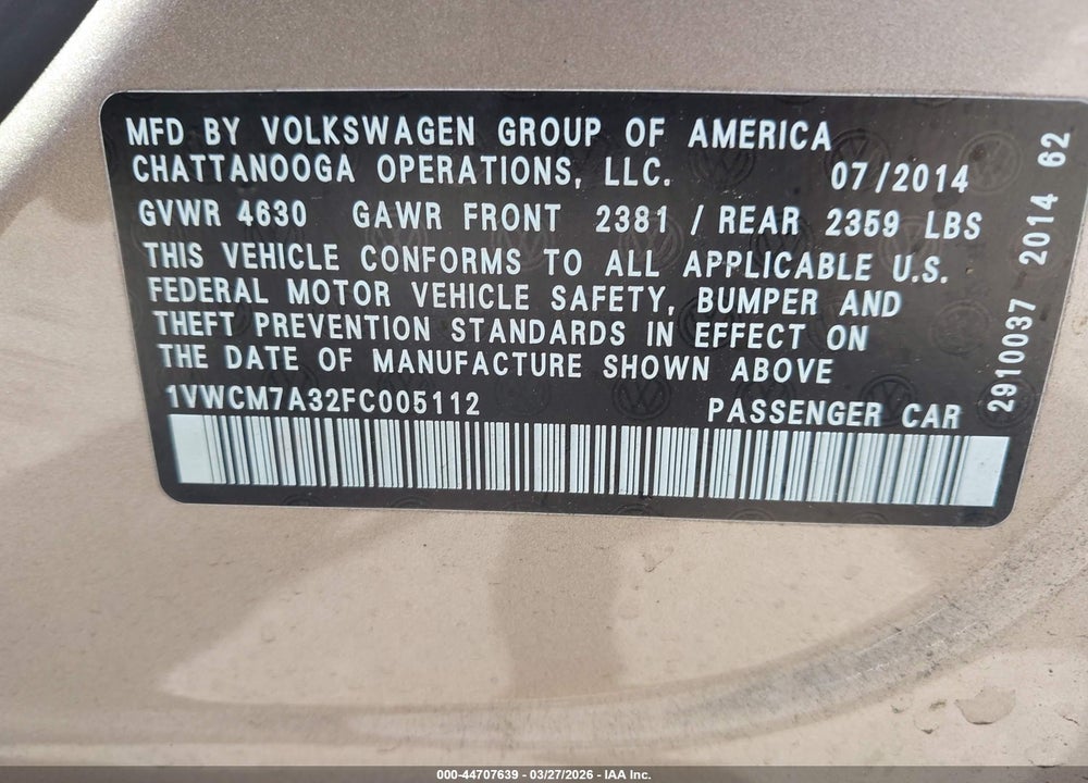2015 VOLKSWAGEN PASSAT 3.6L V6 SEL PREMIUM VIN: 1VWCM7A32FC005112