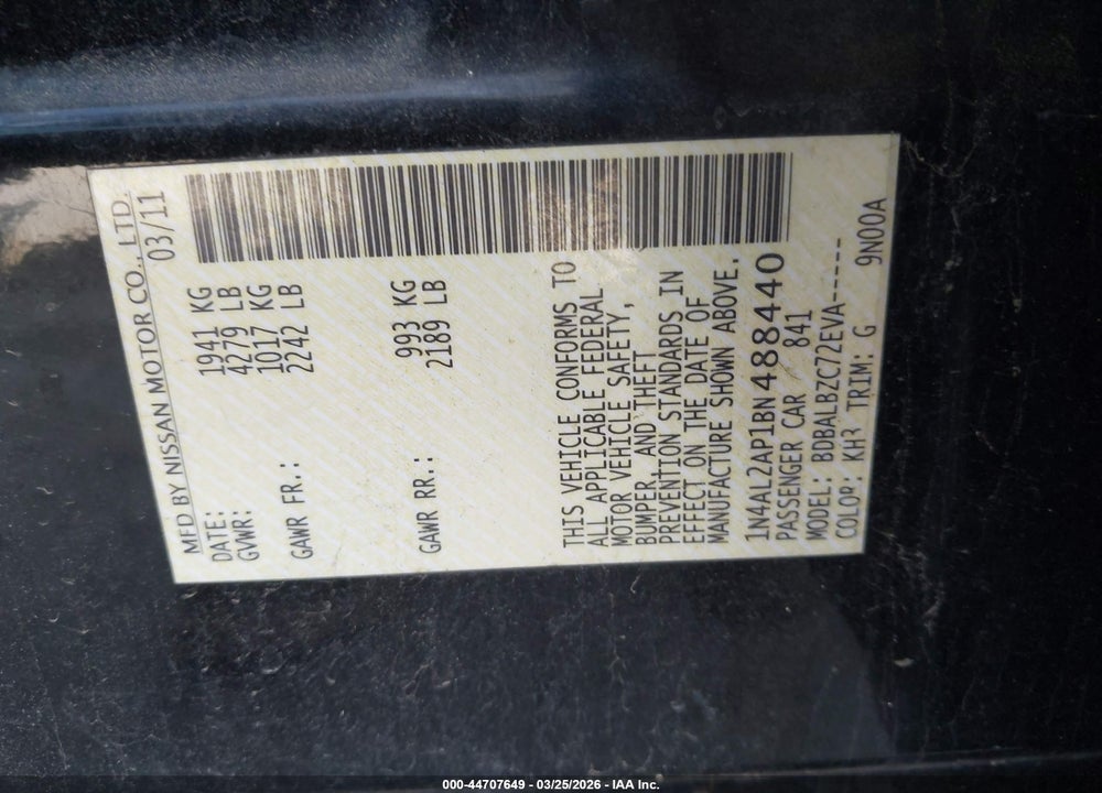 2011 NISSAN ALTIMA 2.5 S VIN: 1N4AL2AP1BN488440