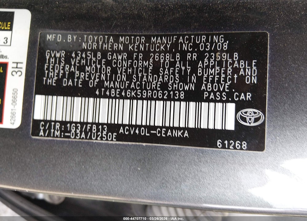 2009 TOYOTA CAMRY LE VIN: 4T4BE46K59R062138