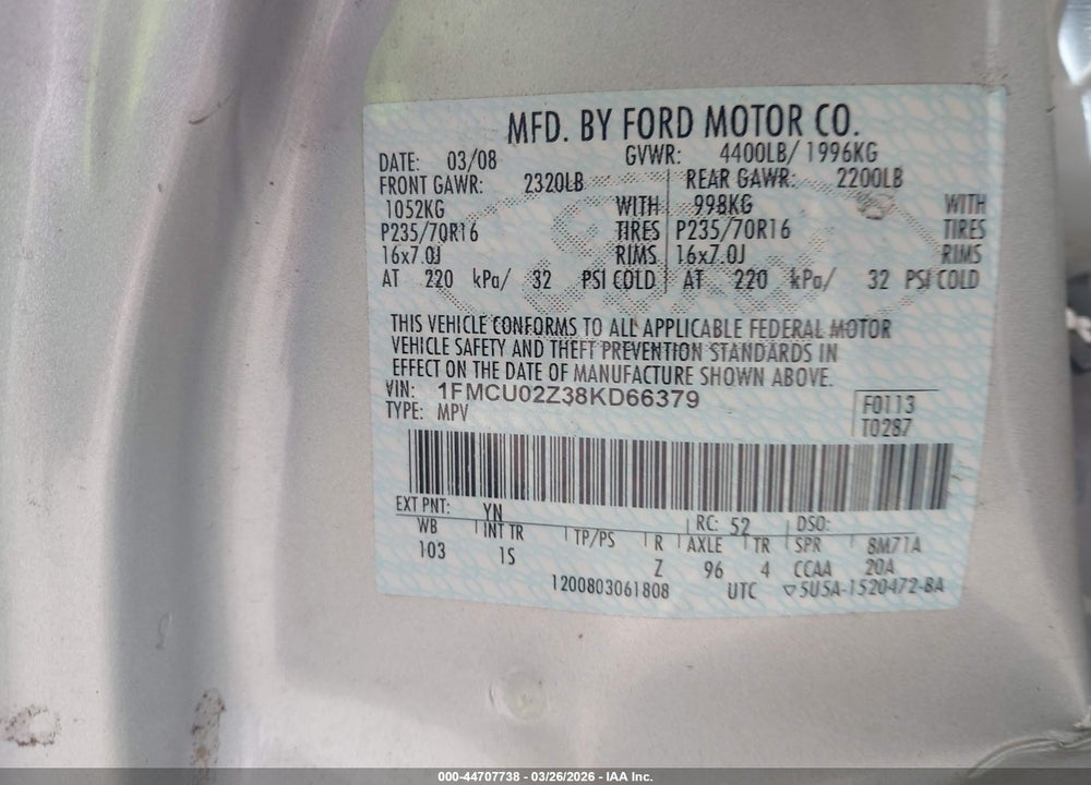2008 FORD ESCAPE VIN: 1FMCU02Z38KD66379