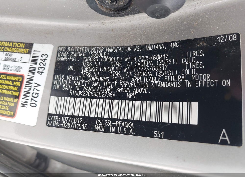 2009 TOYOTA SIENNA LIMITED VIN: 5TDBK22C69S027364
